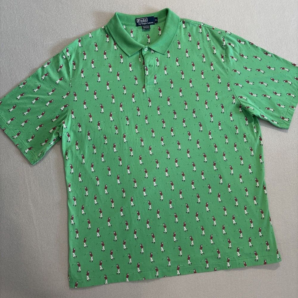 Polo Ralph Lauren XL "Golfer Print" GREEN Polo Shirt Men's EXCELLENT & Fast Ship